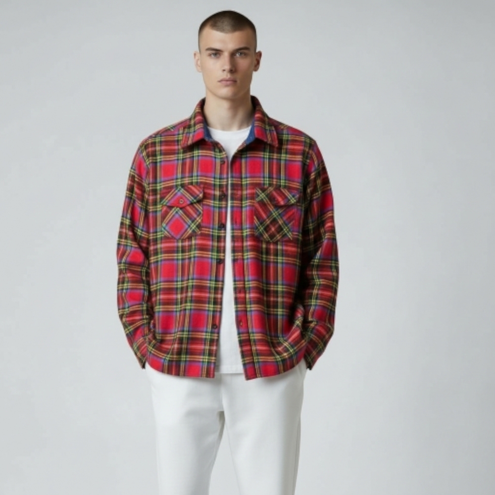 VTG Mens Flannel Plaid Shirt Button Up Red Pockets Size M Acrylic Longsleeve